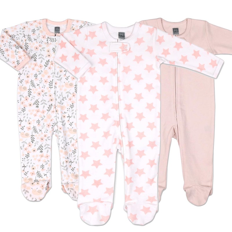 The Peanut Shell The Peanutshell Baby Sleepers for Girls 3-Pack - 3-6 Months Clothes, Soft Cotton Baby Girl Footed Pajamas, Infants Clothes Gift Set - Flower Pink - Image 1